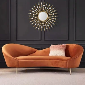 Modern Curvy Orange Velvet Sofa – luxury curved velvet couch with gold legs for modern living room furniture”