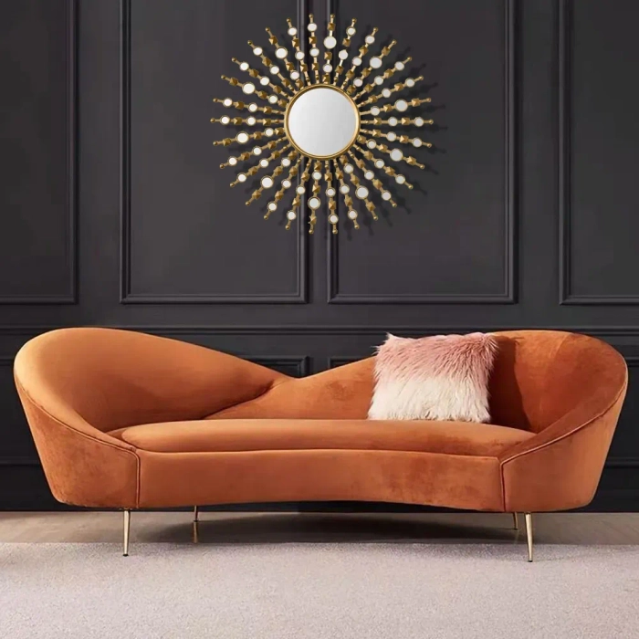 “Modern Curvy Orange Velvet Sofa – Luxury Modern Couch” Modern Curvy Orange Velvet Sofa – luxury curved velvet couch with gold legs for modern living room furniture”