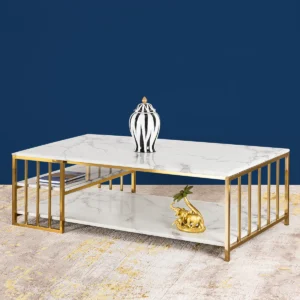 Anat LuxeStone rectangular coffee table featuring a double-tier white marble design and a slatted gold-finish metal base. Luxury furniture available near Ambala, Haryana, and across India
