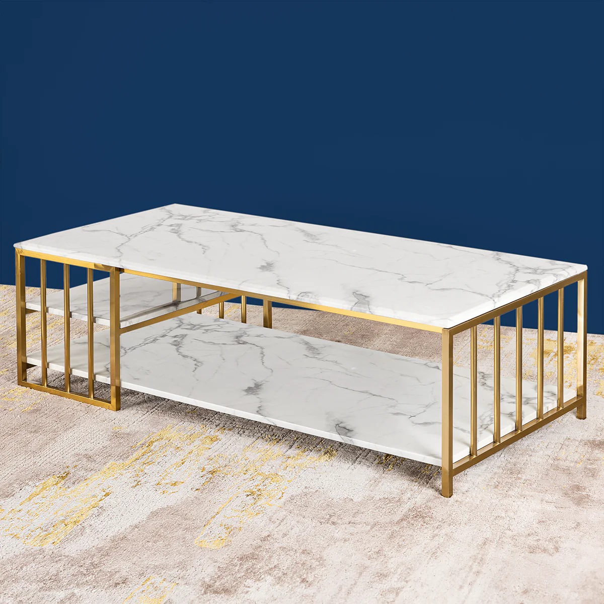Anat LuxeStone White Marble Coffee Table Anat LuxeStone rectangular coffee table featuring a double-tier white marble design and a slatted gold-finish metal base. Luxury furniture available near Ambala, Haryana, and across India