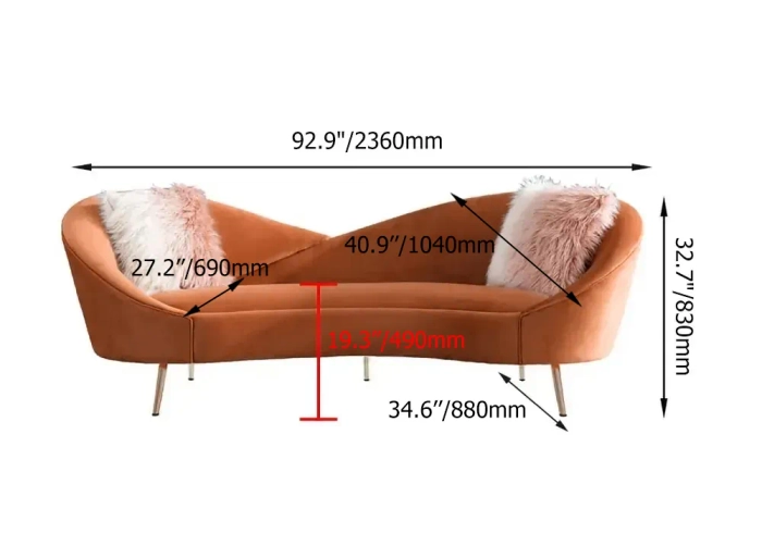 “Modern Curvy Orange Velvet Sofa – Luxury Modern Couch” “Modern Curvy Orange Velvet Sofa – luxury curved velvet couch with gold legs for modern living room furniture”