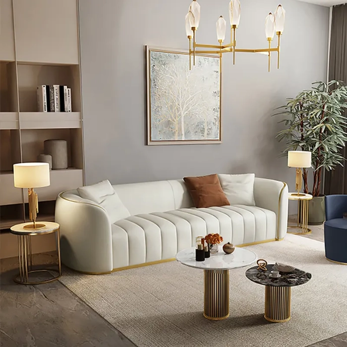 “Anat LuxeGold 3 Seater Sofa – Modern Luxury Sofa” “Anat LuxeGold 3 Seater Sofa – luxury white upholstered sofa with gold frame accents for modern living room furniture”