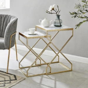 “Anat Linea Nesting Tables – modern marble top nesting side tables with gold metal frame for luxury home furniture”