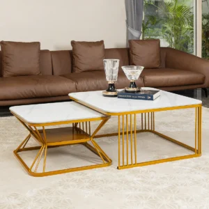 Set of two Anat Nova square nesting coffee tables featuring white marble-look tops and modern gold-finish metal frames. Luxury nest of tables for living rooms near Ambala and India.Set of two Anat Nova square nesting coffee tables featuring white marble-look tops and modern gold-finish metal frames. Luxury nest of tables for living rooms near Ambala and India.