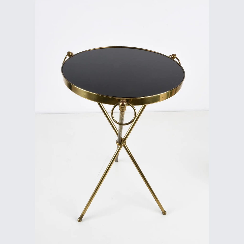 Anat Aura Arc Side Table – Metallic Round Accent Table” “Anat Aura Arc Side Table – metallic round side table with black top and golden tripod legs”