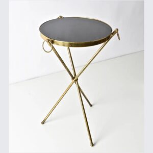 Anat Aura Arc Side Table – metallic round side table with black top and golden tripod legs”