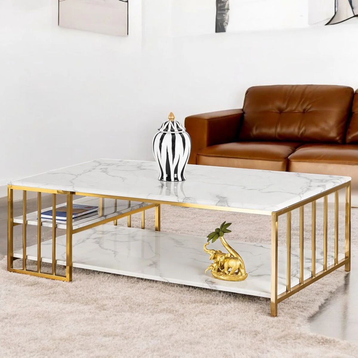 Anat LuxeStone White Marble Coffee Table Anat LuxeStone rectangular coffee table featuring a double-tier white marble design and a slatted gold-finish metal base. Luxury furniture available near Ambala, Haryana, and across India