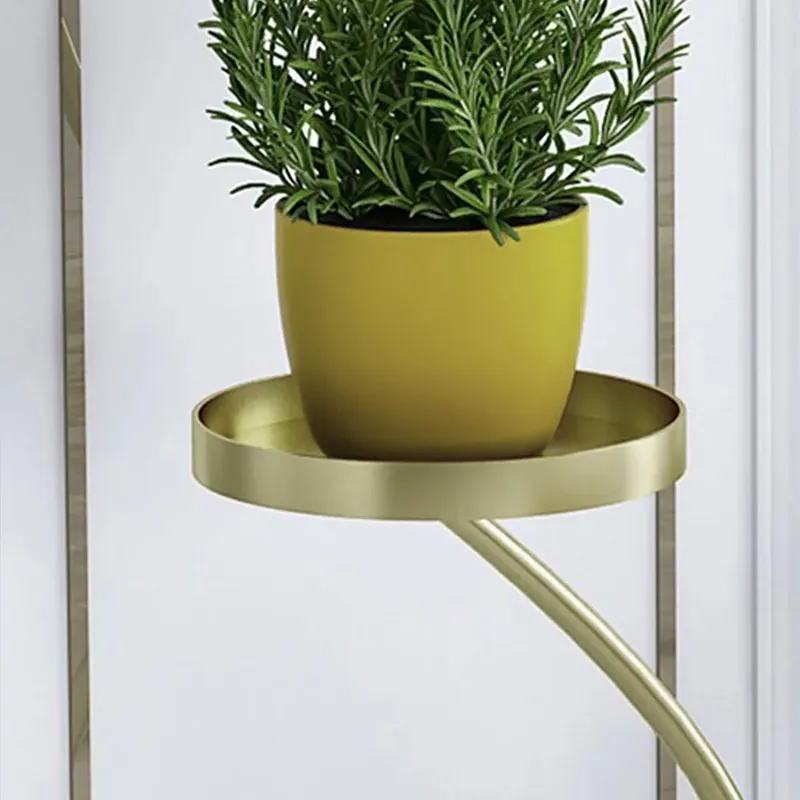 Anat Verona Triple-Tier Plant Stand Anat Verona modern three-tiered indoor plant stand featuring three gracefully curving gold metal stems supporting round gold tray shelves, anchored by a round white marble base. Decorative furniture available near Ambala, Haryana, and across India.