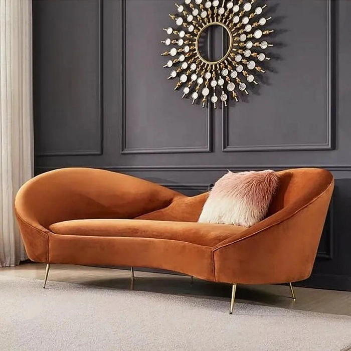 “Modern Curvy Orange Velvet Sofa – Luxury Modern Couch” “Modern Curvy Orange Velvet Sofa – luxury curved velvet couch with gold legs for modern living room furniture”