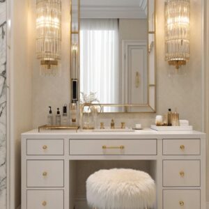 Modern white and gold dressing table with cushioned stool and mirror