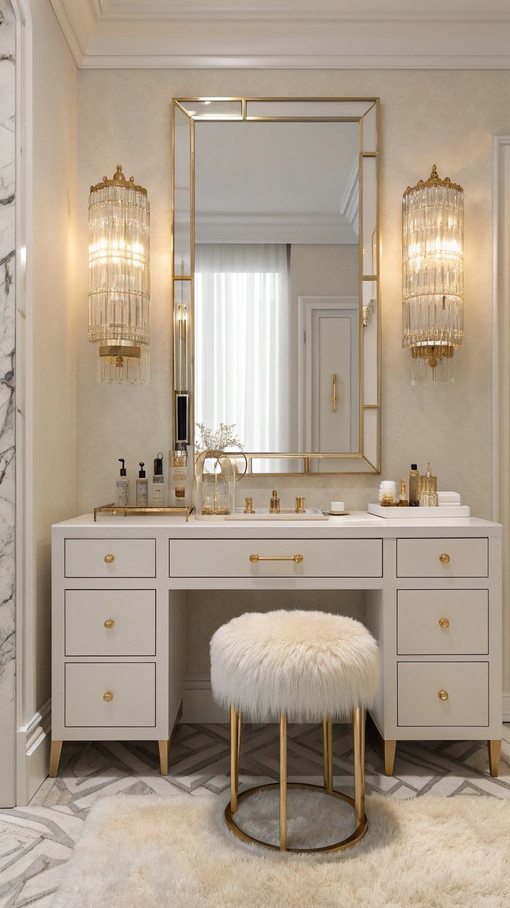 anat luxe dressing table Modern white and gold dressing table with cushioned stool and mirror