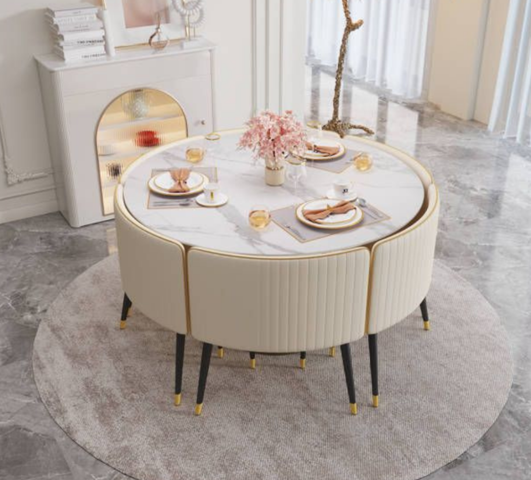 Round marble dining table with cushioned compact chairs – Anat Round Compact Dining Set