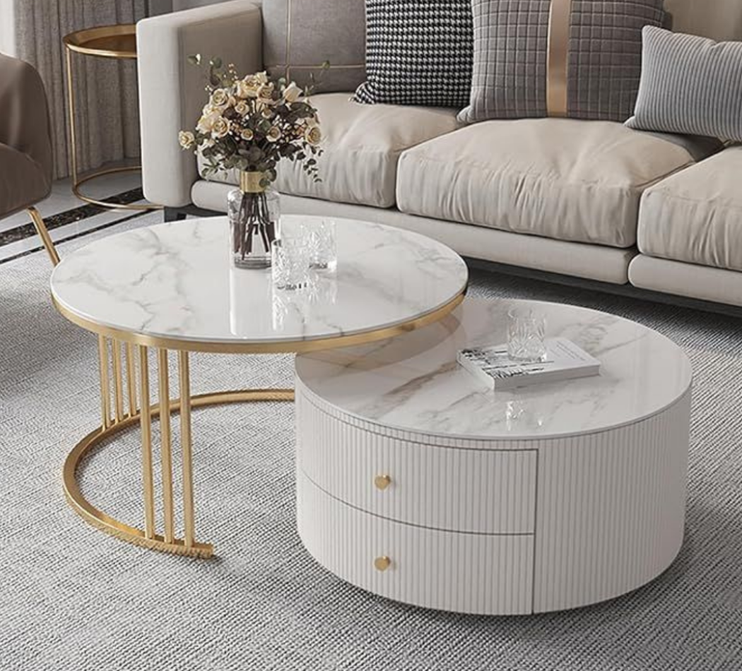 White marble dual coffee table set with gold metal base and storage drawers available near Ambala, Haryana, and across India.